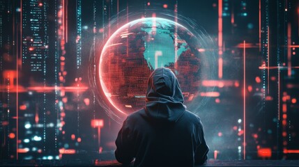 Conceptual Image of a Lone Hacker in a Hooded Sweatshirt Viewing Data