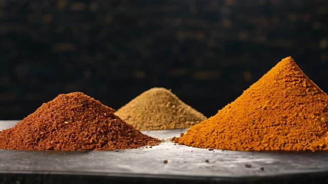 Pan video across a dark stone slab showcasing a line of vibrant spice blends in small heaps with moody lighting