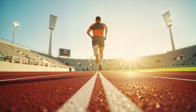 Athlete sprinting on track under warm daylight, dynamic performance
