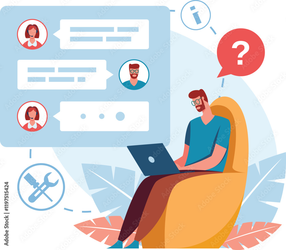 Poster customer sitting in armchair and using laptop is chatting with customer service, asking question and