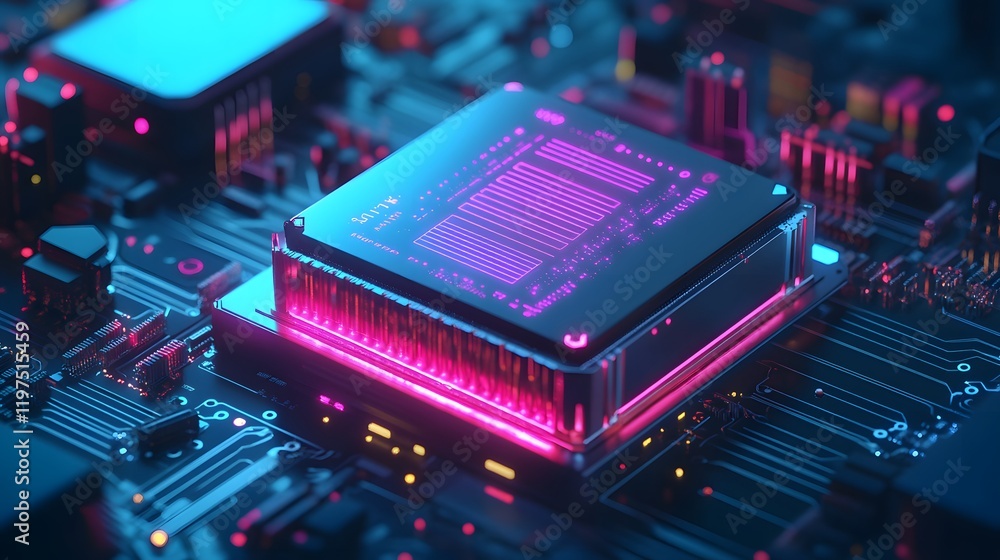Poster a close-up view of a futuristic microchip with glowing neon lights. the intricate details of the cir