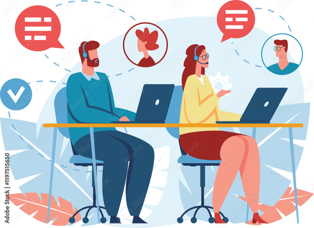 Poster call center operators wearing headsets are working with laptops and talking to clients, providing on