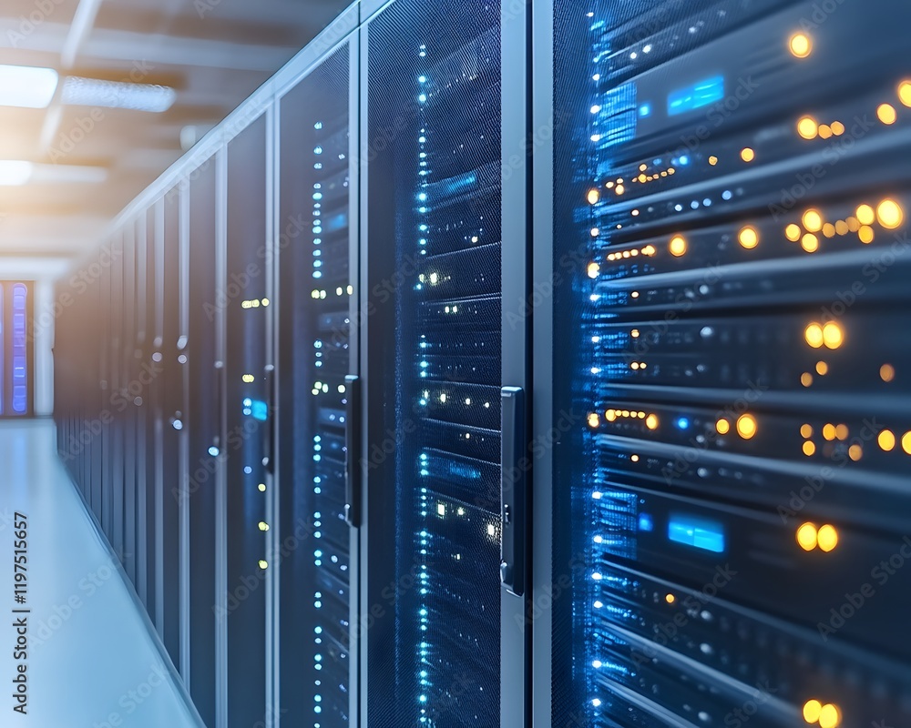 Poster a close-up view of modern server racks illuminated by soft blue lights, showcasing intricate hardwar
