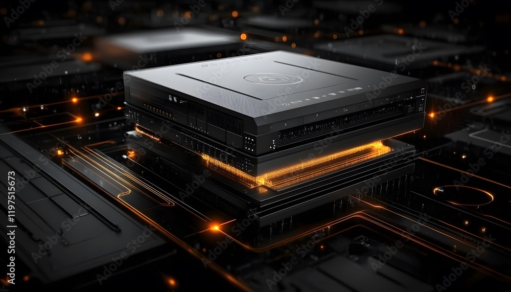 Poster a close-up view of modern computer hardware, showcasing a sleek black processor atop a circuit board