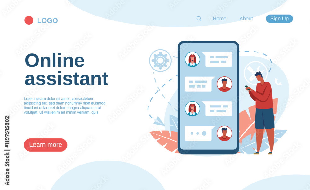 Poster online assistant engaging in technical support while chatting with a customer on a mobile phone app,