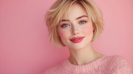 kobieta, blond włosy, różowy sweter, różowe tło, długie włosy, uśmiech, radość, wiosna, portret, pastelowe kolory, delikatność, piękno, naturalność, moda, elegancja, nowoczesność, stylowy wygląd, zado