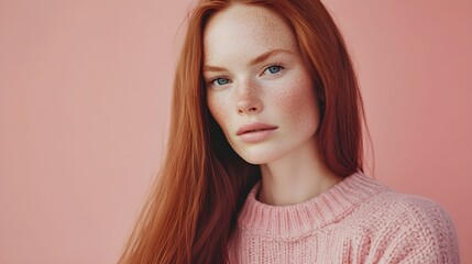 kobieta, rude włosy, proste włosy, pastelowy róż, różowe tło, różowy sweter, delikatny wyraz twarzy, spokojna twarz, portret, młoda kobieta, subtelność, ciepło, harmonia, jasne tło, minimalistyczny st