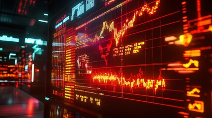 Digital Screen Display of Fluctuating Stock Market Data Trends