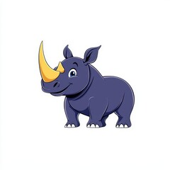 Obraz premium A Cute Cartoon Rhino Character with a Big Horn Smiling in a Simplistic Style, Perfect for Children’s Books, Educational Material, and Fun Illustrations