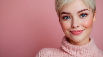 Obraz premium kobieta, blond włosy, różowy sweter, różowe tło, długie włosy, uśmiech, radość, wiosna, portret, pastelowe kolory, delikatność, piękno, naturalność, moda, elegancja, nowoczesność, stylowy wygląd, zado