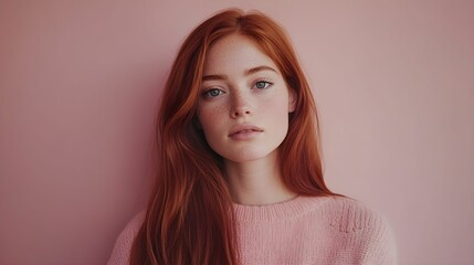 kobieta, rude włosy, proste włosy, pastelowy róż, różowe tło, różowy sweter, delikatny wyraz twarzy, spokojna twarz, portret, młoda kobieta, subtelność, ciepło, harmonia, jasne tło, minimalistyczny st
