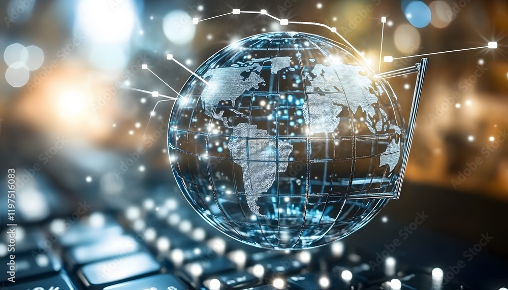 Poster a digital globe floating above a keyboard, symbolizing global data connectivity and technological in