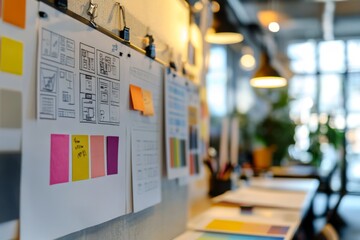 Creative office space with brainstorming notes on the wall