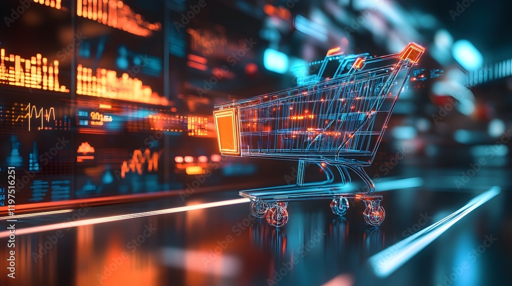Poster a digital shopping cart illuminated with neon colors stands against a backdrop of data visualization