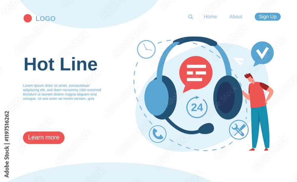 Poster headset with microphone and speech bubble symbolizing online support and a customer service operator