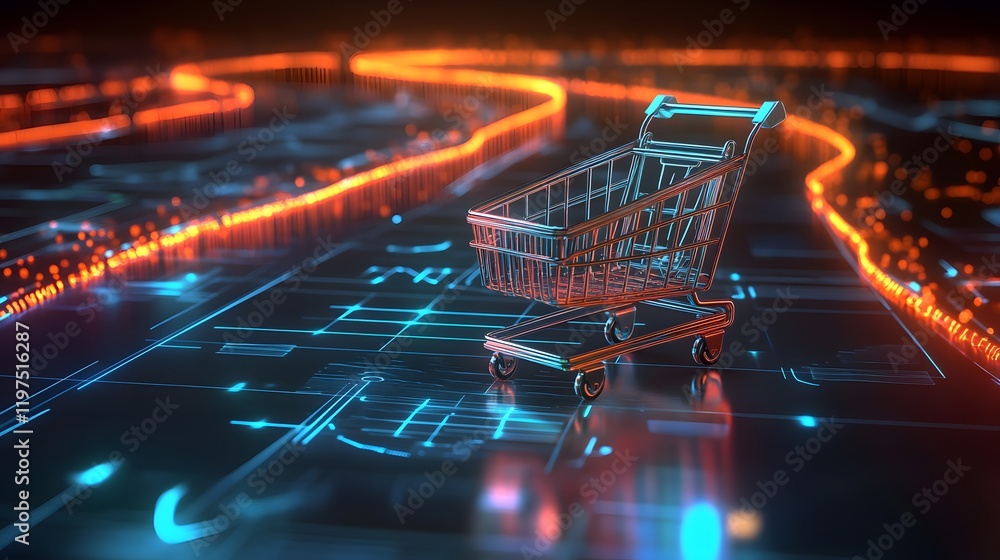 Poster a digital shopping cart stands on a high-tech background with glowing lines and circuits, symbolizin