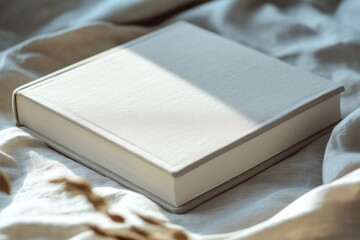 Soft morning light gently illuminates a blank, hardcover book resting on a cozy linen surface