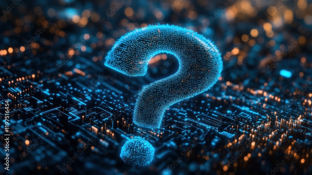 Poster digital enigma: a glimmering question mark on a circuit board