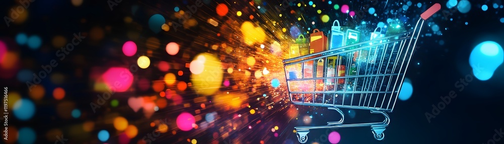 Poster a dynamic and colorful representation of shopping with a cart against a vibrant background of abstra
