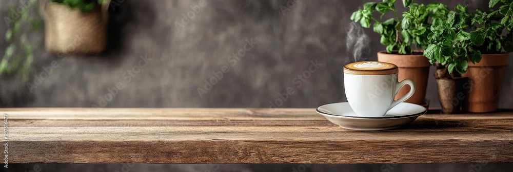 Fototapete Warm cup of coffee on a wooden table with greenery in the background creating a cozy atmosphere for relaxation. Generative AI