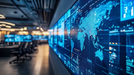 Futuristic Cybersecurity Command Center with Data Visualization Screens