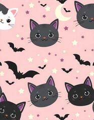 Kawaii-style cute cat faces with stars, moons, bats, pastel goth Halloween vibes, black and ghost cats, magical elements, pink-purple tones