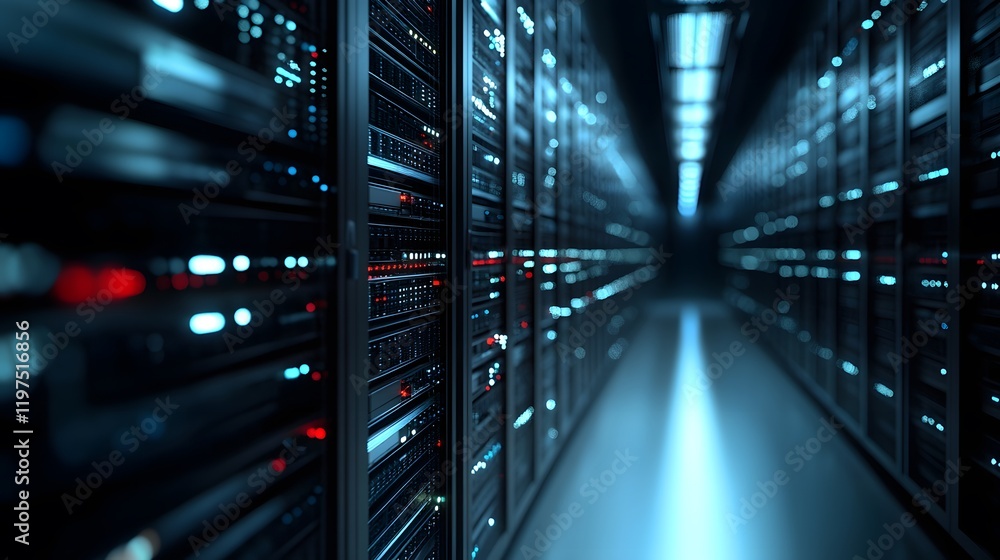 Poster a futuristic data center showcasing rows of server racks illuminated by soft blue light. the image c