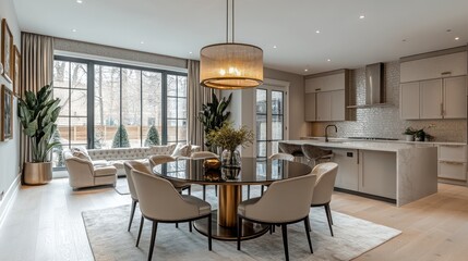Modern open-plan kitchen and dining area with large windows, beige tones, and stylish furniture.