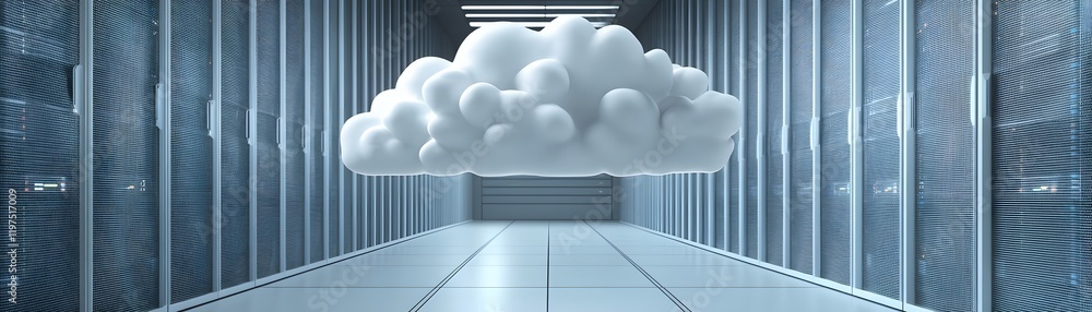 Poster a futuristic data center with a cloud hovering in the center, symbolizing cloud computing and modern
