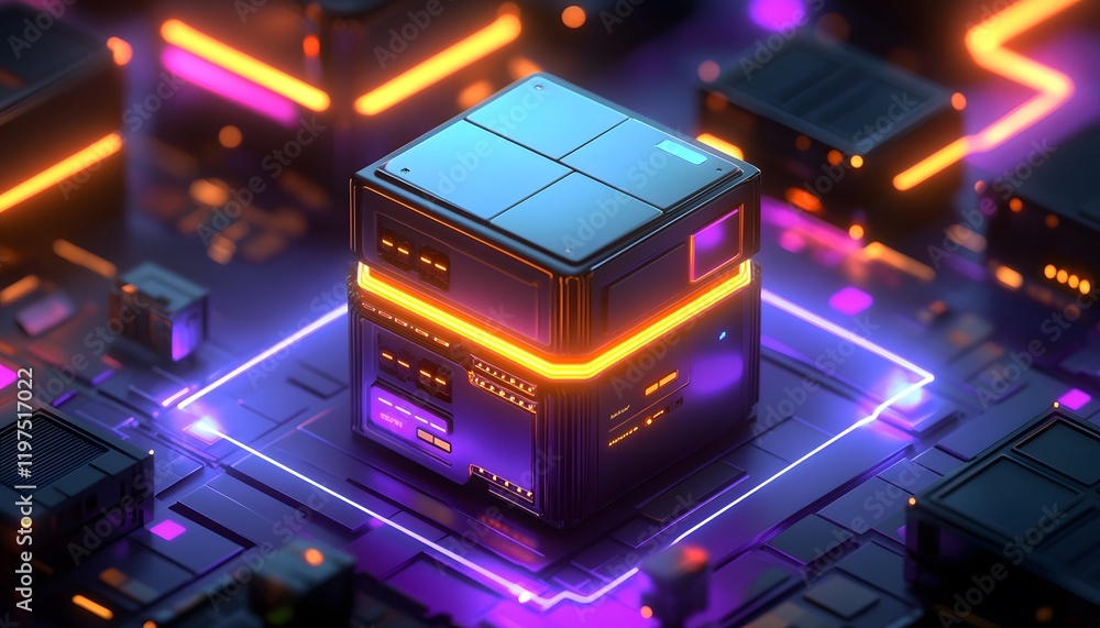Poster a futuristic digital cube symbolizes advanced technology with glowing circuits and vibrant lights, r