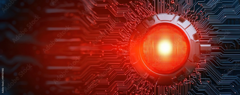 Poster a glowing red circular light surrounded by intricate circuit patterns, suggesting advanced technolog