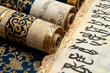 antique silk scroll artwork, preserved calligraphy elements, historical patina