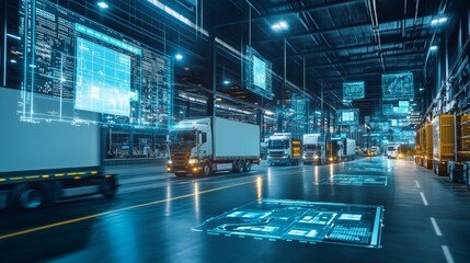 Fototapeta premium Advanced Logistics Control Room with Screens and Trucks in Warehouse