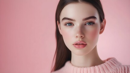 Fototapeta premium kobieta, brązowe włosy, falowane włosy, pastelowy róż, różowe tło, różowy sweter, łagodny wyraz twarzy, spokojna mimika, minimalistyczny styl, ciepło, harmonia, jasne tło, młoda kobieta, naturalność, 