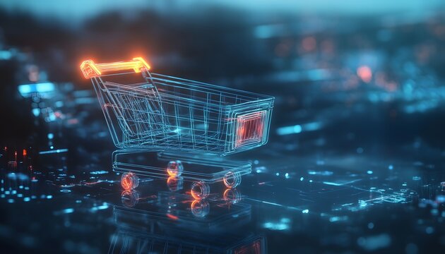 A futuristic digital shopping cart illustration, glowing with neon lights. Perfect for e-commerce, technology, and digital marketing concepts in modern retail environments.
