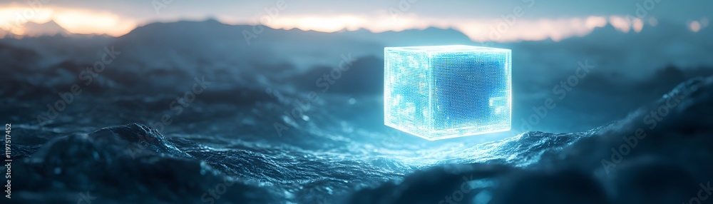 Poster a futuristic glowing cube emerges from ocean waves, creating a surreal atmosphere that blends techno