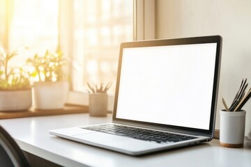 Fototapeta premium Bright workspace with a laptop and greenery during golden hour, inviting creativity and inspiration for productivity