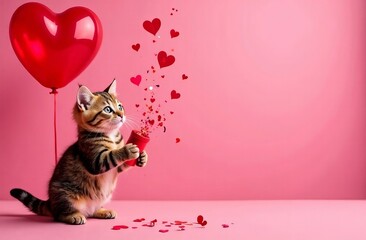 cute kitten with heart shaped confetti on pink background