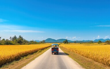 A rural road in Thailand with fields of golden rice on both sides, a tuk-tuk passing through under a clear blue sky, creating a calm and picturesque rural scene
