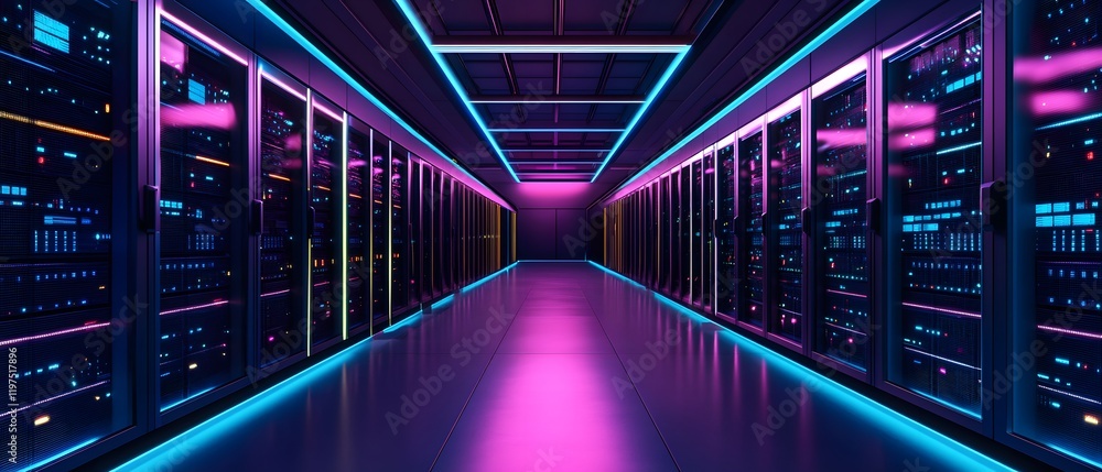Poster a futuristic server room illuminated with neon lights, showcasing rows of high-tech servers and slee