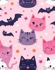 Kawaii-style cute cat faces with stars, moons, bats, pastel goth Halloween vibes, black and ghost cats, magical elements, pink-purple tones