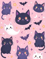 Kawaii-style cute cat faces with stars, moons, bats, pastel goth Halloween vibes, black and ghost cats, magical elements, pink-purple tones