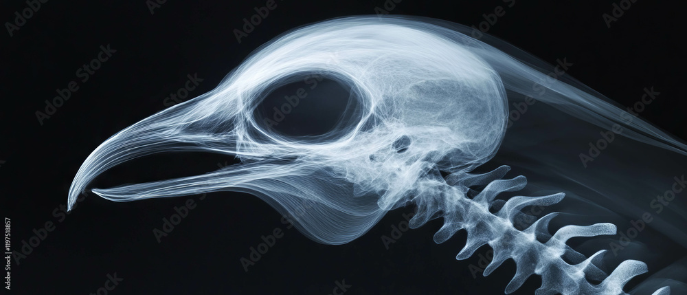 Poster x-ray showcasing the intricate structure of a bird skull with delicate bones and lightweight design