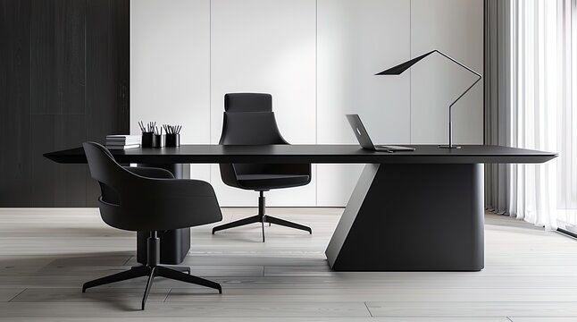 Modern minimalist office interior with black desk and chairs