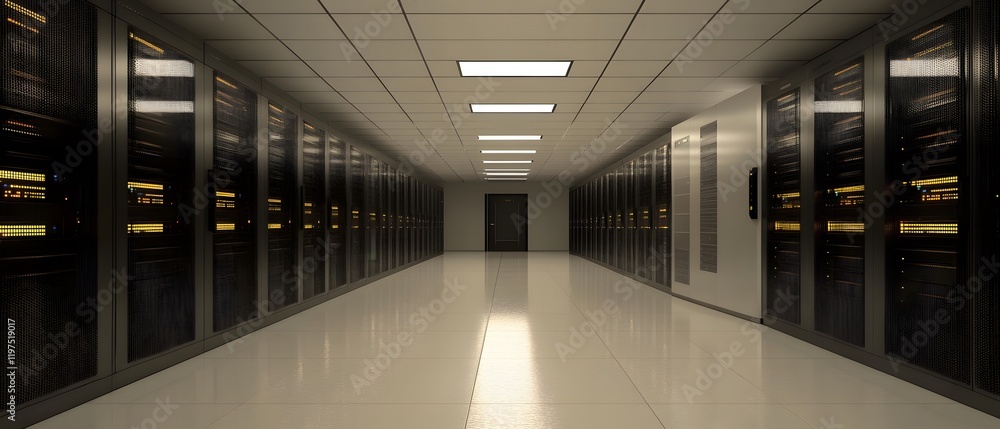 Poster a modern data center corridor featuring rows of sleek servers and bright overhead lighting. the clea