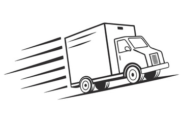 Minimalist delivery truck icon, simple black line drawing, white background, fast motion lines, side view, box-shaped cargo area, stylized wheels, streamlined design, vector graphic style, clean  on s