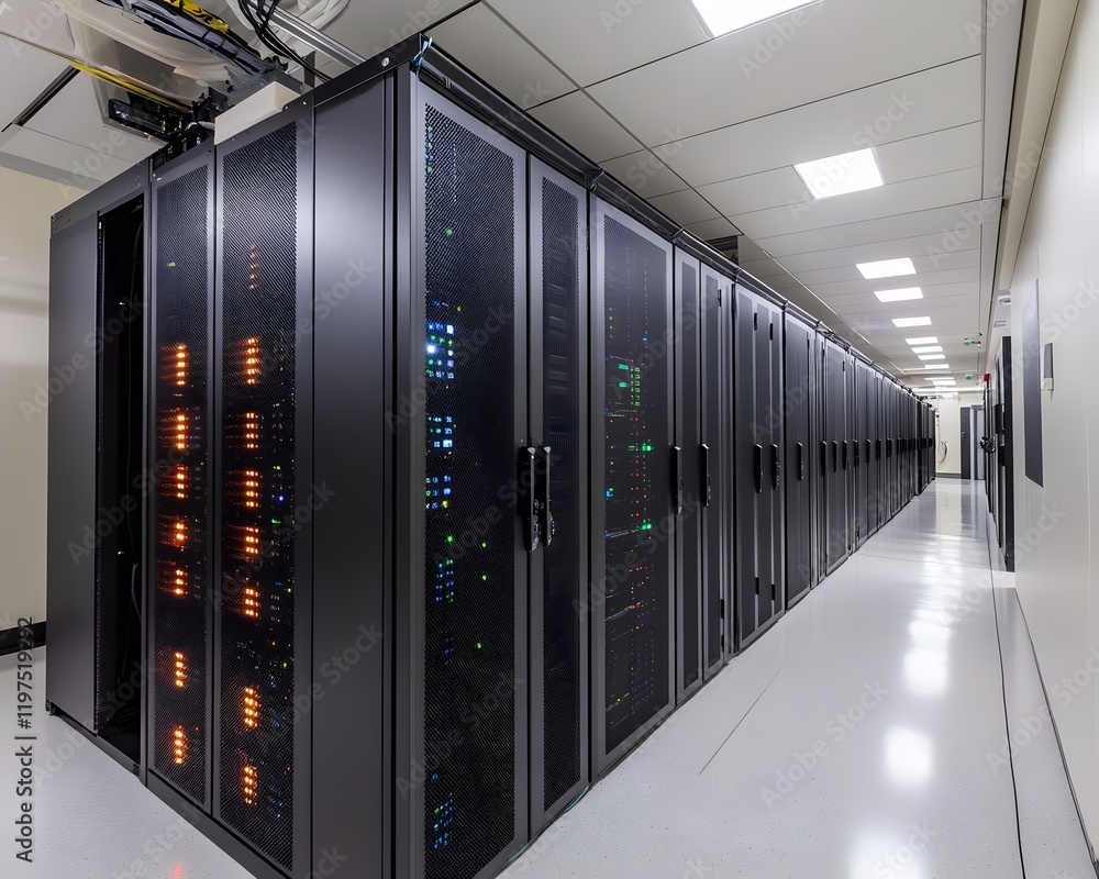 Poster a modern server room showcasing advanced technology with rows of server racks, illuminated indicator