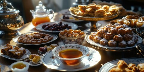 A table adorned with an array of breakfast pastries and desserts. The spread includes danish pastry, cinnamon roll, fruit tarts, and jelly and butter for toasting.