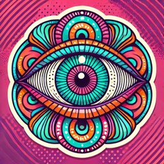 Psychedelic eye sticker. Trippy esoteric symbol. Geometric hippie design. Funky groovy graphic for card, poster, collage design. Vector illustration
