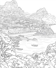 Fototapeta premium landscape in the mountains generated by artificial intelligence, coloring page